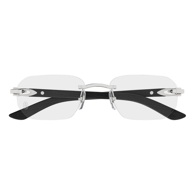 Sleek black and silver eyeglasses on a white background