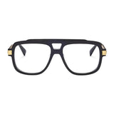 Black eyeglasses with gold accents on a white background