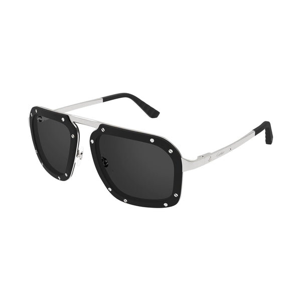 Sunglasses with black lenses and silver frame on a white background