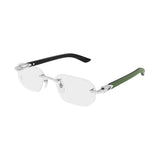 Sleek eyeglasses with a black and green frame on a white background