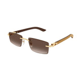 Sunglasses with gold frame and brown gradient lenses on a white background