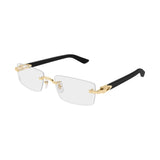 Sleek eyeglasses with gold frames and black arms on a white background
