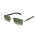 Sunglasses with green gradient lenses and black arms on a white background