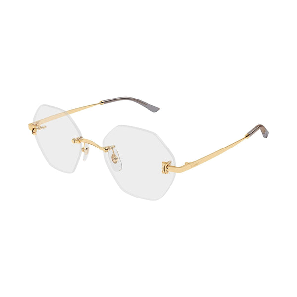 Gold-framed eyeglasses with clear lenses on a white background