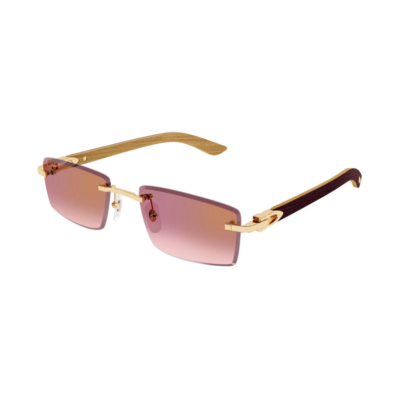 Sunglasses with gold frame and pink gradient lenses on a white background