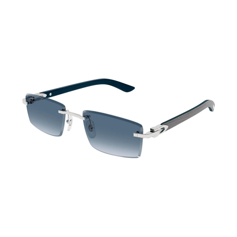 Sunglasses with blue gradient lenses and silver frames on a white background