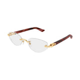 Semi-rimless eyeglasses with gold frame and tortoiseshell arms on a white background