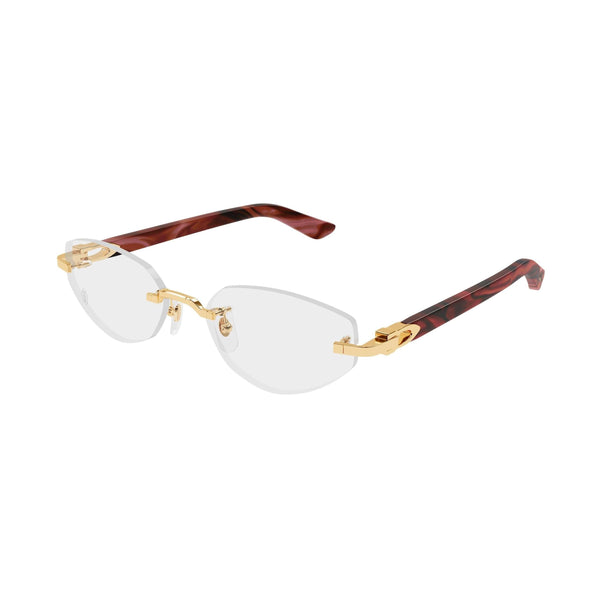Semi-rimless eyeglasses with gold frame and tortoiseshell arms on a white background