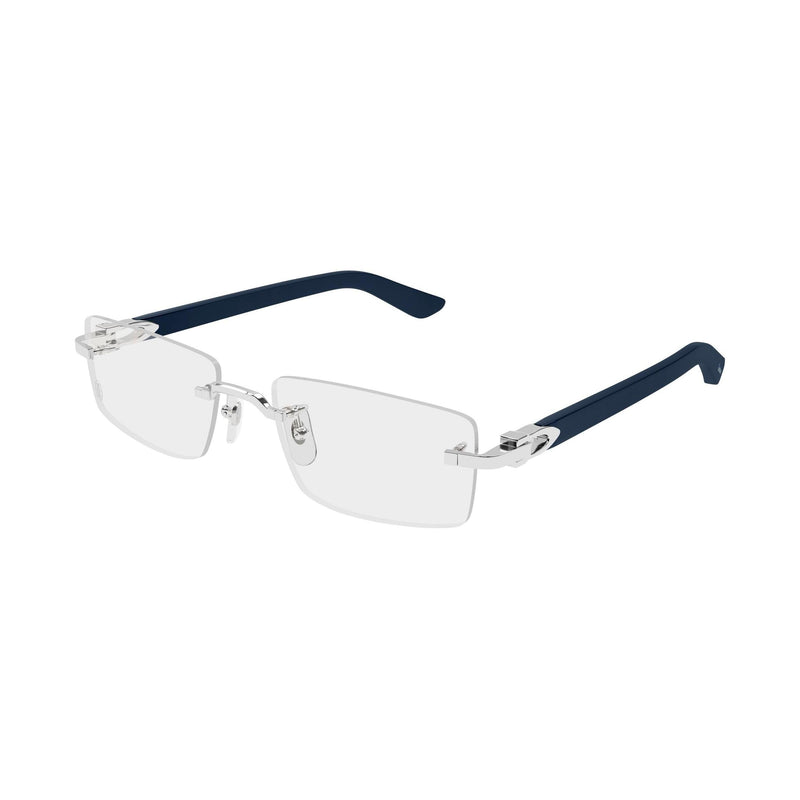 Pair of rimless eyeglasses with blue arms on a white background