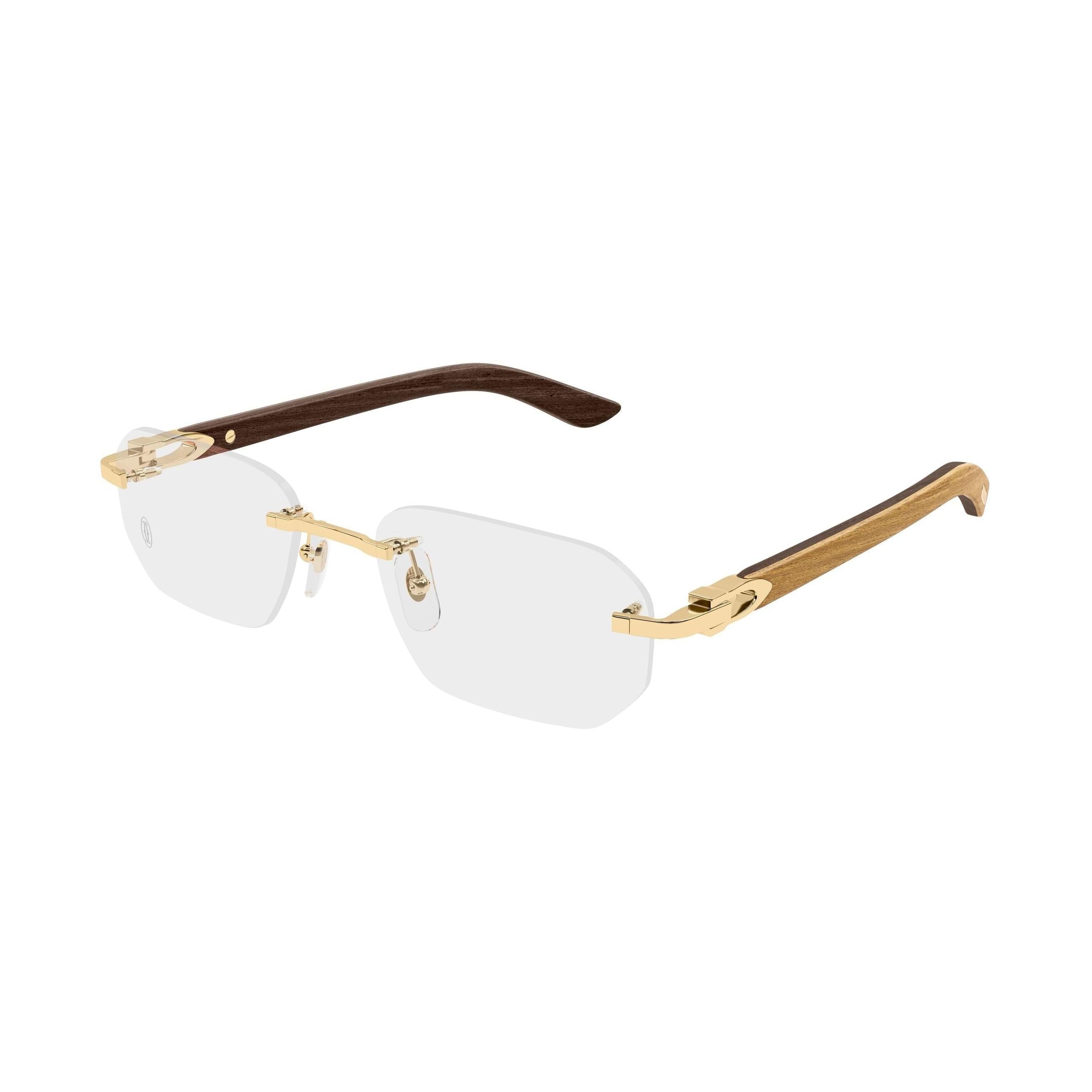 Pair of rimless glasses with gold frame and wooden arms on a white background