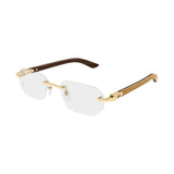 Pair of rimless glasses with gold frame and wooden arms on a white background