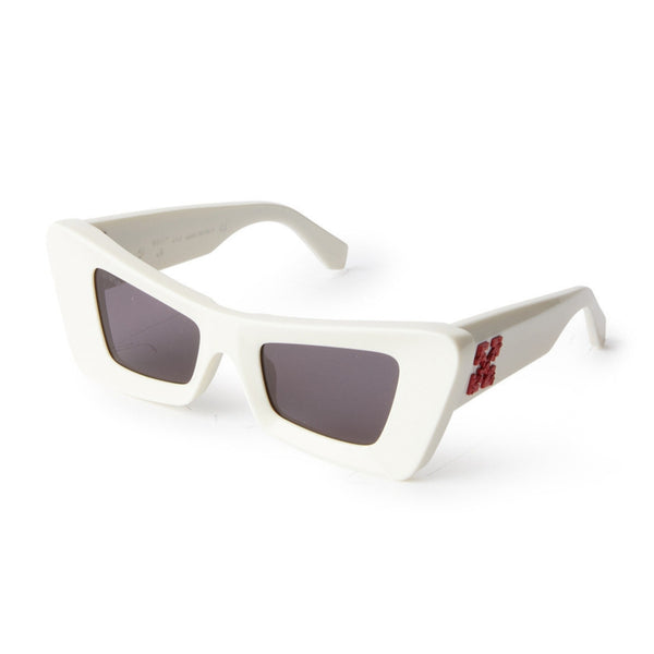 White acetate frame Arched rectangular shape Contrast logo on temples Gray tinted lenses 100% UV protection Made in Italy Case and lens cloth included