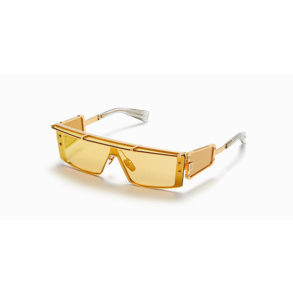 Amber with gold toned titanium  Rectangular shape Balmain Logo on temples Amber tinted lenses 100% UV protection Made in Japan Case and lens cloth included