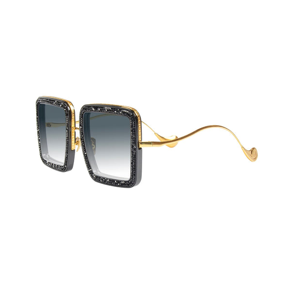 Gold frame with black hand set crystals Oversized square shape Gradient tinted Carl Zeiss lenses Lens size: 57 mm | Bridge: 19 mm | Temples: 145 mm 100 % UV protection Handmade in Japan and Italy Case and lens cloth included