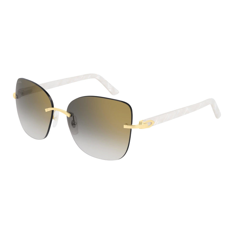 Signature C Decor  White marble acetate and smooth gold finish Mirrored lenses Lens size: 57 mm | Bridge: 15 mm  | Temples: 140 mm Cartier logo on lens, nose pads and temples 100 % UV protection Made in France Case and lens cloth included