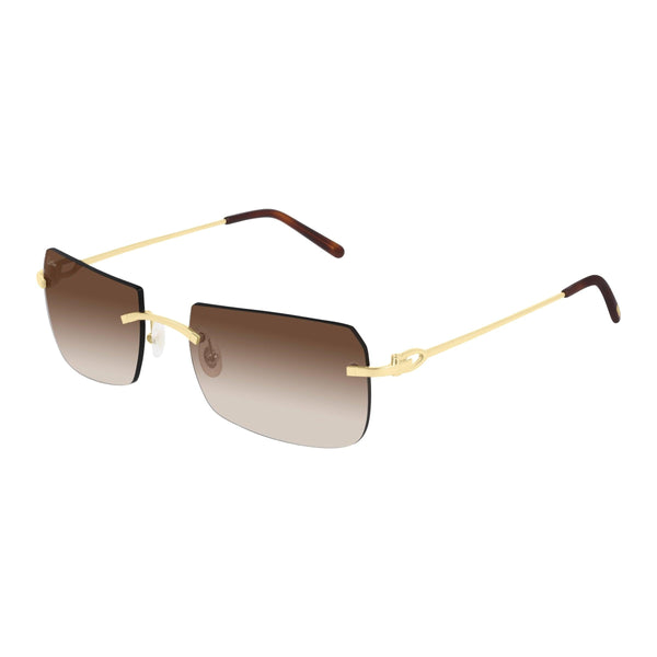 Signature C Decor  Smooth gold finish Unisex rectangular shape Gradient brown lenses Lens size: 56 mm | Bridge: 19 mm  | Temples: 140 mm Cartier logo on lens, nose pads, and temples 100 % UV protection Made in France Case and lens cloth included