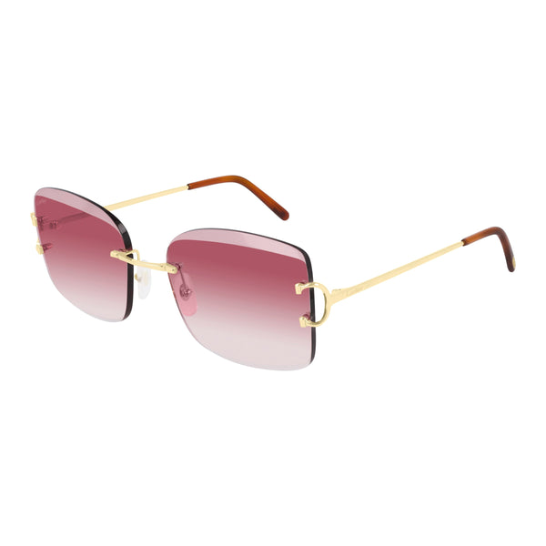Signature C Decor  Smooth gold finish Unisex rectangular shape Gradient rose lenses Lens size: 57 mm | Bridge: 18 mm  | Temples: 140 mm Cartier logo on lens, nose pads, and temples 100 % UV protection Made in France Case and lens cloth included