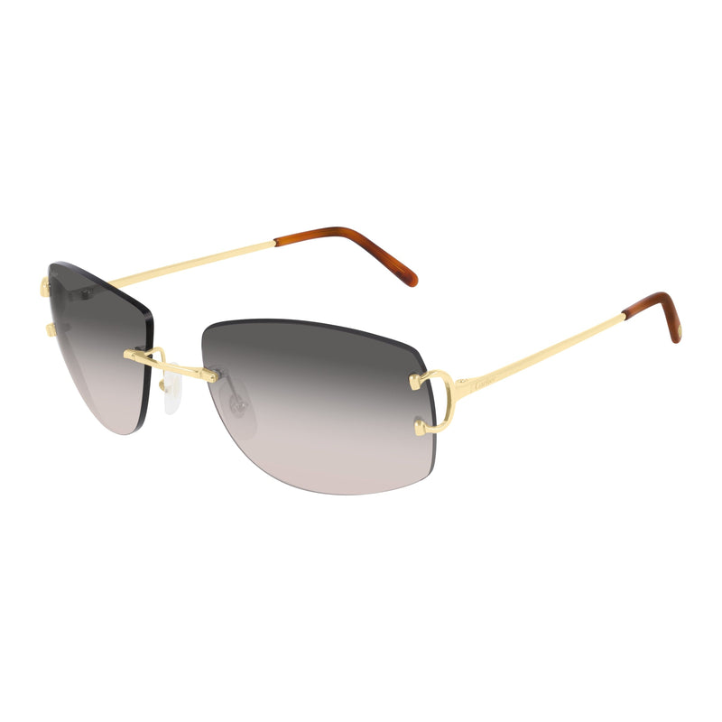 Signature C Decor  Smooth gold finish Unisex rectangular shape Gradient gray-brown lenses Lens size: 53 mm | Bridge: 19 mm  | Temples: 135 mm Cartier logo on lens, nose pads, and temples 100 % UV protection Made in France Case and lens cloth included