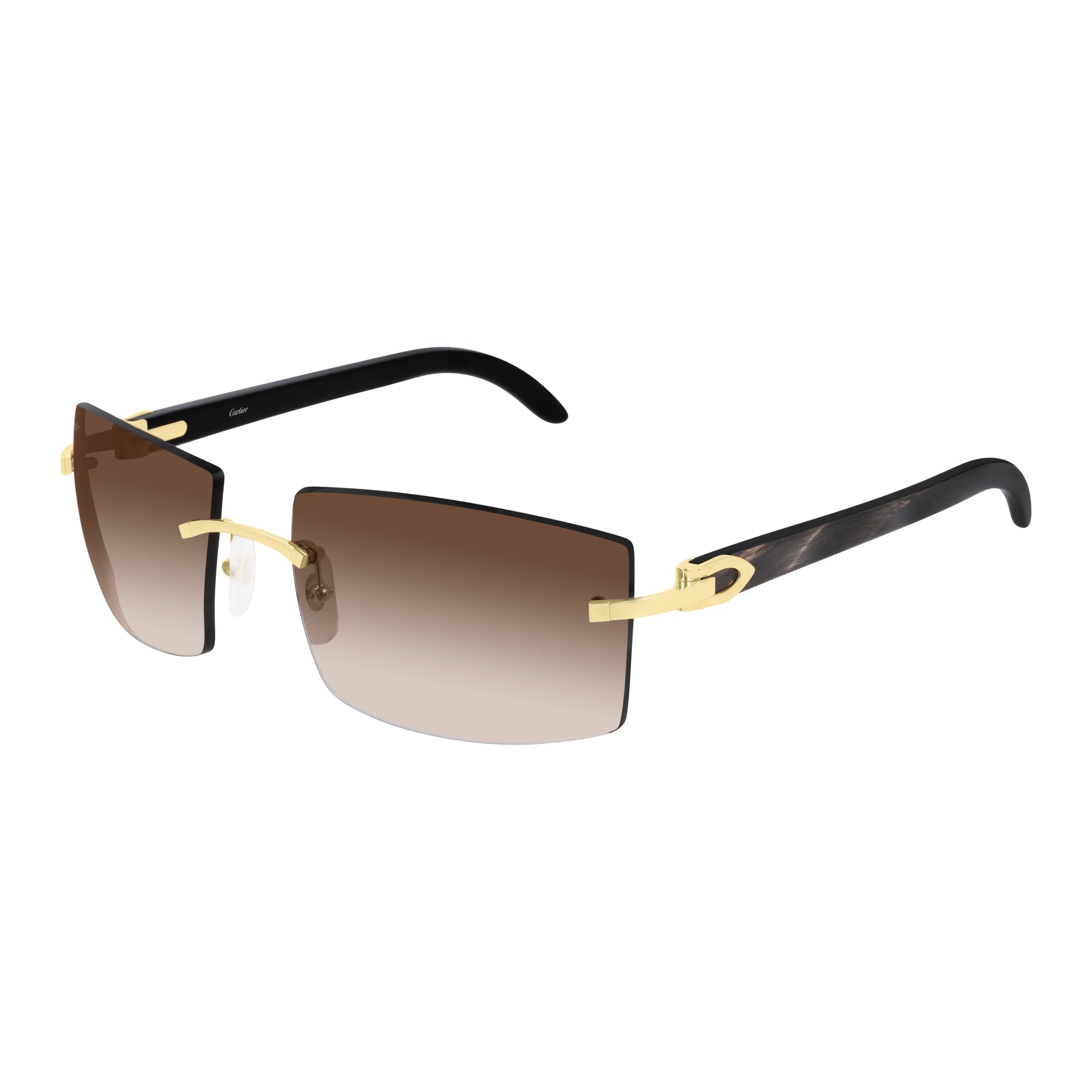 Signature C Decor  Black horn and smooth gold finish Unisex rectangular shape Gradient gray-brown lenses Lens size: 56 mm | Bridge: 17 mm  | Temples: 140 mm Cartier logo on lens, nose pads, and temples 100 % UV protection Made in France Case and lens cloth included