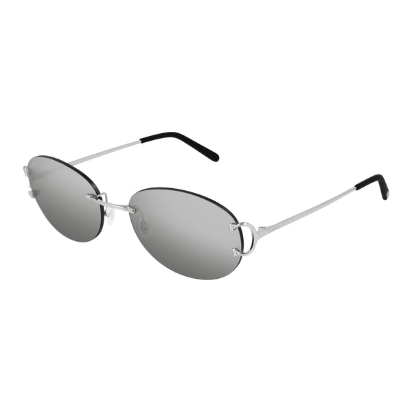 Signature C Decor  Smooth platinum finish Unisex round shape Gradient gray lenses Lens size: 58 mm | Bridge: 18 mm  | Temples: 140 mm Cartier logo on lens, nose pads, and temples 100 % UV protection Made in France Case and lens cloth included