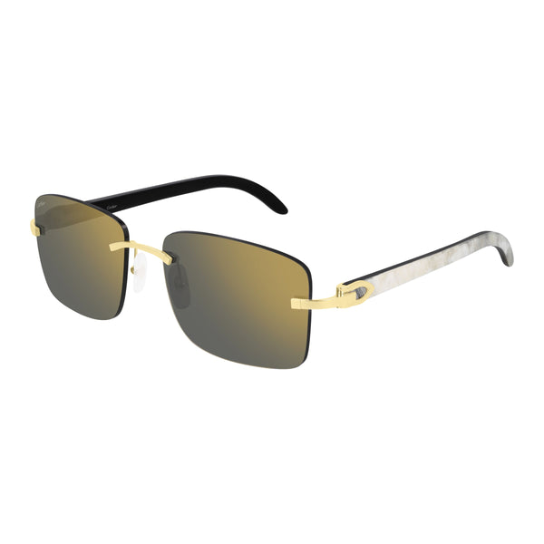 Signature C Decor  White horn and smooth gold finish Unisex rectangular shape Gold flash mirrored lenses Lens size: 58 mm | Bridge: 17 mm  | Temples: 140 mm Cartier logo on lens, nose pads, and temples  100 % UV protection Made in France Case and lens cloth included