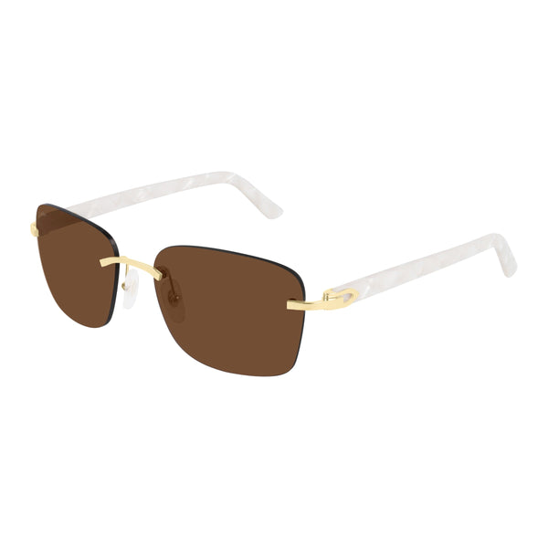 Signature C Decor  White marble acetate and smooth gold finish Unisex rectangular shape Solid tinted lenses Lens size: 56 mm | Bridge: 17 mm  | Temples: 140 mm Cartier logo on lens, nose pads, and temples 100 % UV protection Made in France Case and lens cloth included