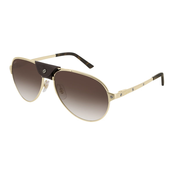 Santos de Cartier   Smooth gold finish Unisex aviator shape and leather accent Gradient brown lenses Lens size: 61 mm | Bridge: 17 mm  | Temples: 135 mm Cartier logo on lens, nose pads, and temples 100 % UV protection Made in France Case and lens cloth included