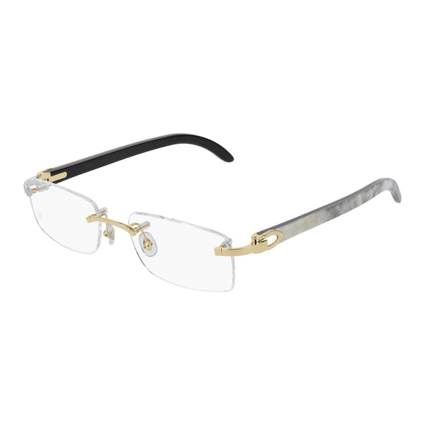 Signature C Decor  White horn and smooth gold finish Unisex rectangular shape Clear lenses Lens size: 53 mm | Bridge: 18 mm  | Temples: 140 mm Cartier logo on nose pads and temples 100 % UV protection Made in France Case and lens cloth included