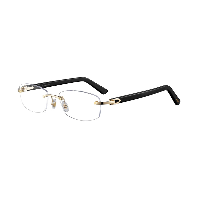 Signature C Decor  Black acetate and smooth gold finish Unisex rectangular shape Clear lenses Lens size: 53 mm | Bridge: 16 mm  | Temples: 135 mm Cartier logo on nose pads, and temples 100 % UV protection Made in France Case and lens cloth included