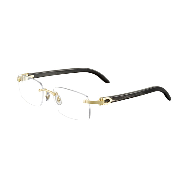 Signature C Decor  Black horn and smooth gold finish Unisex rectangular shape Clear lenses Lens size: 53 mm | Bridge: 18 mm  | Temples: 140 mm Cartier logo on nose pads and temples 100 % UV protection Made in France Case and lens cloth included