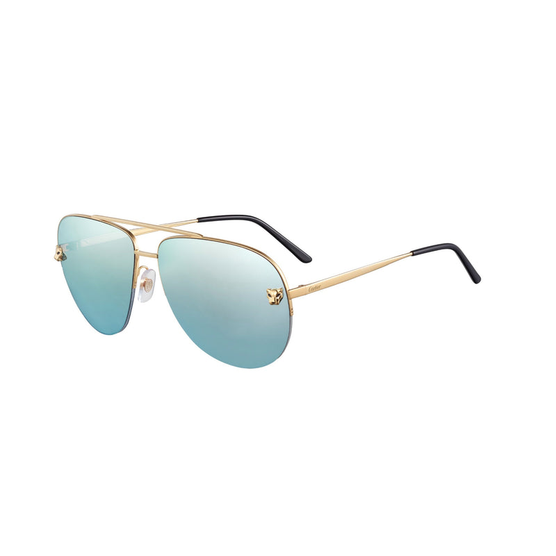 Panthere de Cartier   Smooth gold finish Unisex aviator shape Blue flash mirror lenses Lens size: 60 mm | Bridge: 13 mm  | Temples: 140 mm Cartier logo on lens, nose pads, and temples 100 % UV protection Made in France Case and lens cloth included