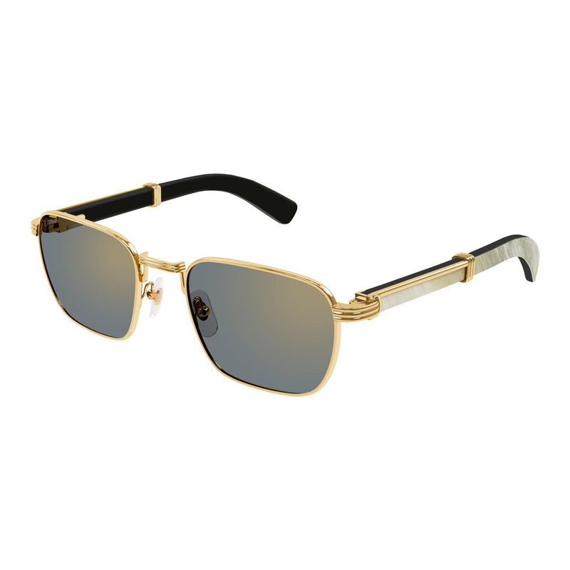 Premiere de Cartier sunglasses White horn and smooth gold finish Gold flash mirrored lenses Lens size: 54 mm | Bridge: 21 mm  | Temples: 145 mm Cartier logo on lens, nose pads and temples 100 % UV protection Made in France Case and lens cloth included