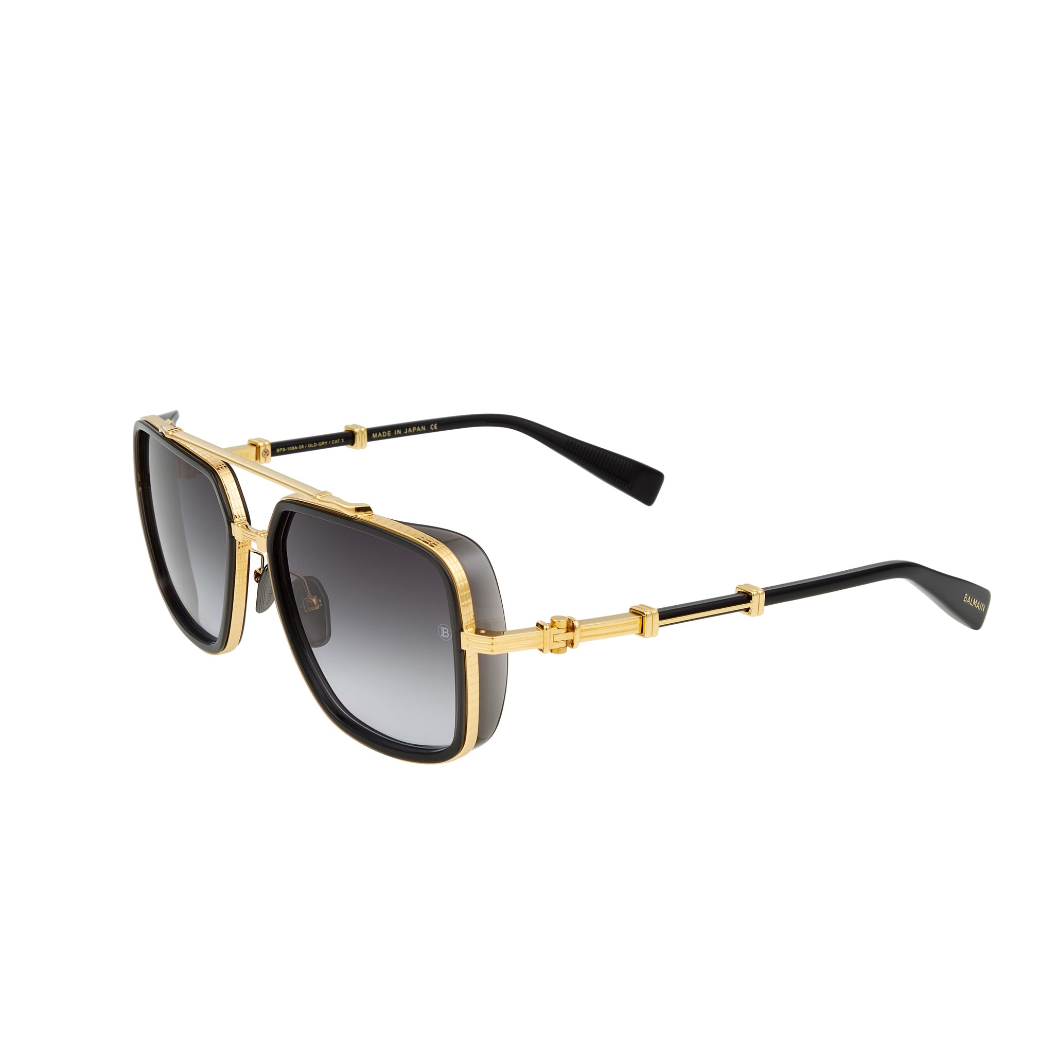 Black acetate with gold toned titanium  Navigator square shape Gray tinted lenses Lens size: 58 mm | Bridge: 18 mm | Temples: 140 mm  100% UV protection Made in Japan Case and lens cloth included